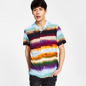 INC Purple Abstract Striped Button Front Shirt, Small
